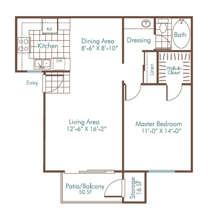 One Bedroom B Floor Plan - 1 Bed 1 Bath 658 Square Feet