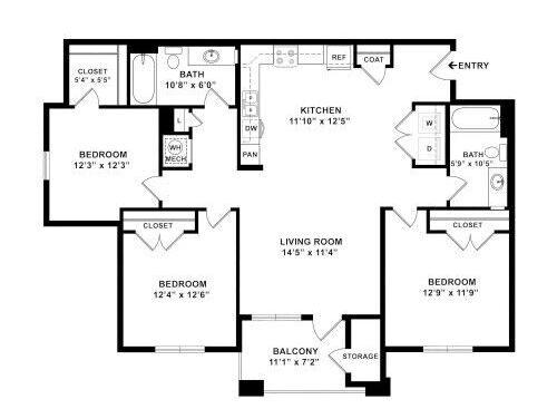 3 Bedroom, 2 Bath, 1394-1422 sq. ft.