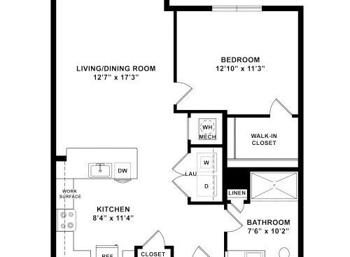Moses - 1 Bedroom, 1 Bath, 688 sq. ft. - 2D with dimensions