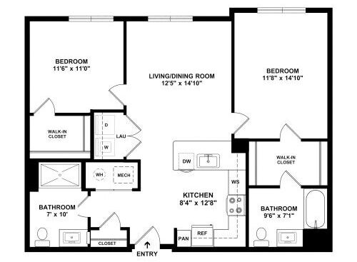 Fairfax - 2 Bedroom, 2 Bath, 959 sq. ft. - 2D with dimensions