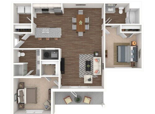 2 Bedroom, 2 Bath, Patio - 3D Furnished with white cabinets