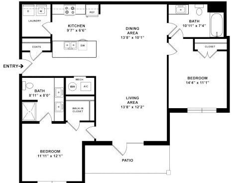 2 Bedroom, 2 Bath, Patio - 2D with dimensions