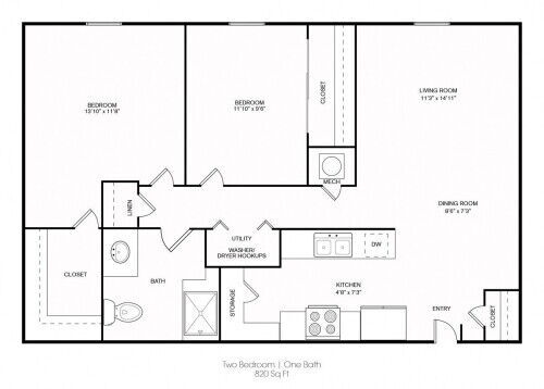 Two Bedroom: Beds - 2: Baths - 1: SqFt Range - 820 to 820